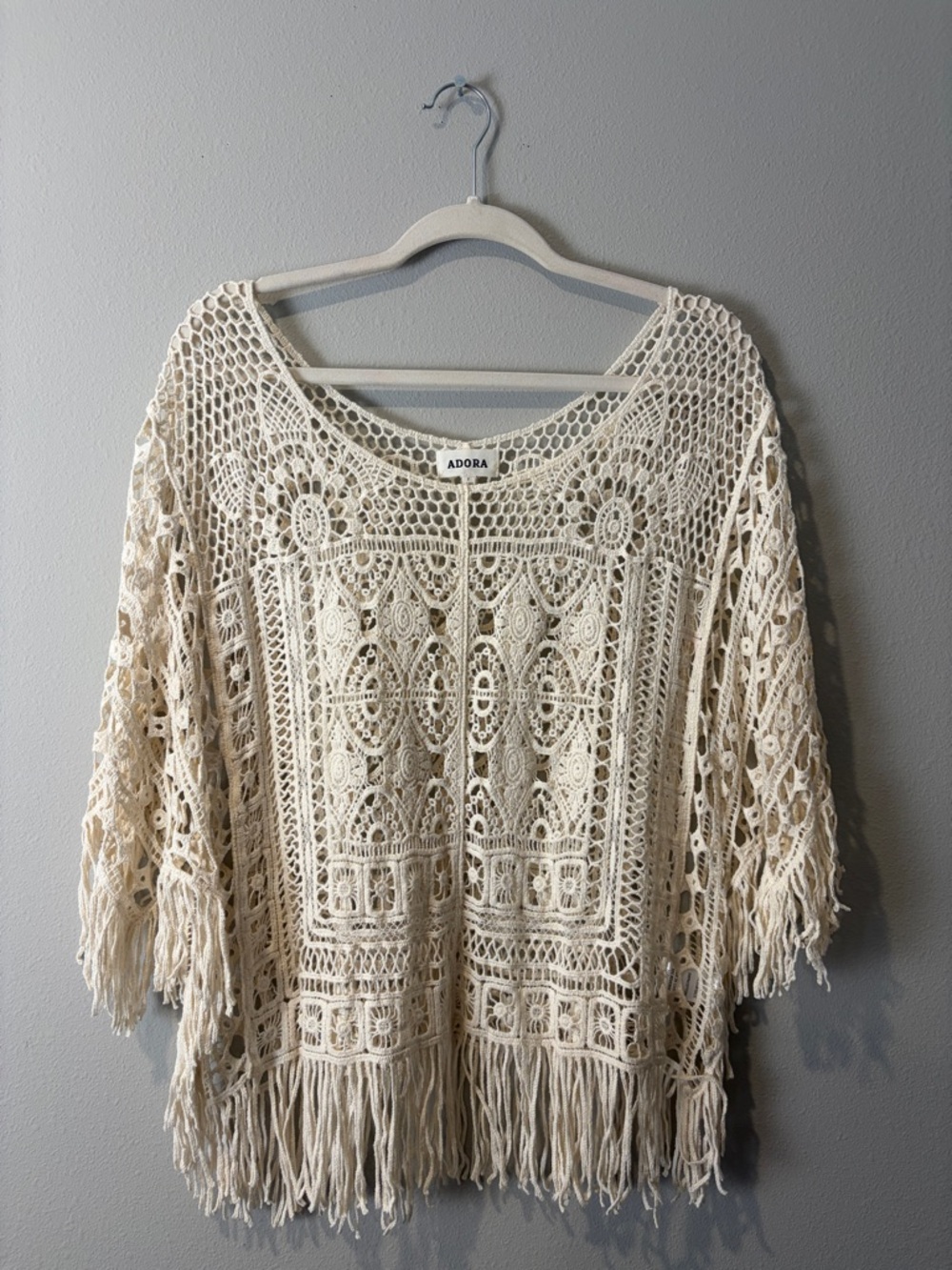 Adora Cream Crochet Fringe Short Sleeve Top OS